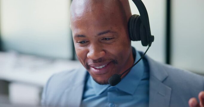 Call center, talking and business black man in office for contact us, sale agent and consulting. Lead generation, crm consultant and help desk with employee in agency for promotion pitch and advisor