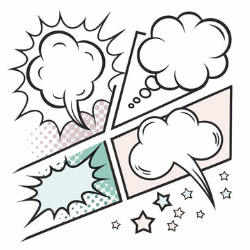 Vintage comic book panel layout with empty speech bubbles stars and halftone dots for retro design