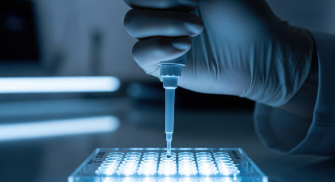 Personalized medicine ai research lab pipette well plate scientist gloved hand precision dropper sample processing analysis