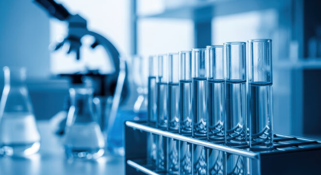 Treating kidney disease involves scientific research with test tubes and microscope in laboratory setting to find effective medical solutions
