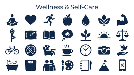 Wellness and Self Care Icons Representing Healthy Lifestyle Choices and Mental Emotional Well Being © Iconique Studio