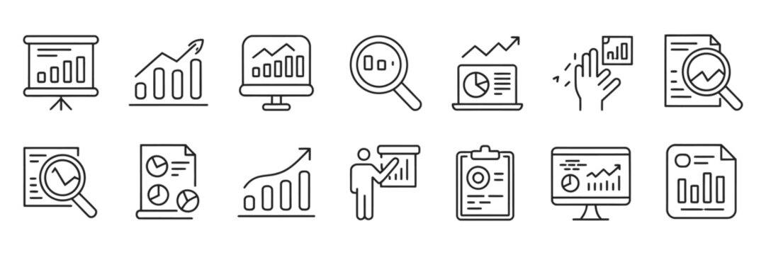 Data analytics line icons with statistical science symbols, database graphics, financial charts, performance monitoring elements, and presentation vector illustration