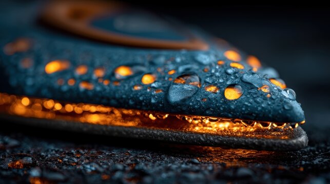 Macro shot of a futuristic object with glowing orange elements and water droplets. Detailed texture, dark background, sense of innovation and technology.