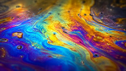 Fototapeta premium A vibrant, swirling pattern of colors resembling oil on water, showcasing hues of blue, purple, yellow, and orange against a dark background.
