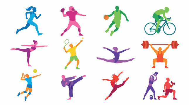 Colorful sports silhouettes collection, set of 12 athlete icons in vibrant flat vector style, active people doing fitness and olympic sports