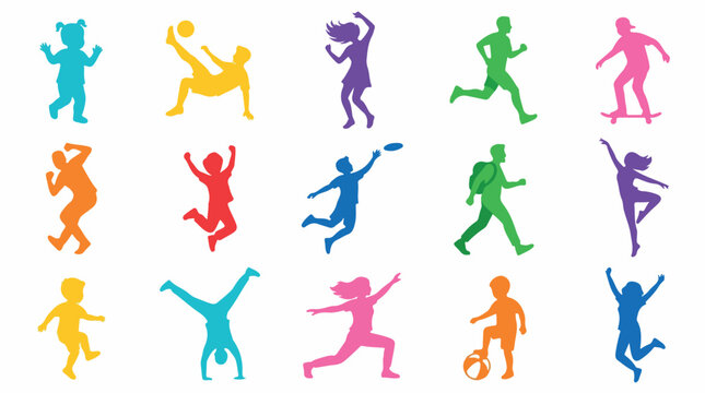 Colorful active people silhouettes set, 15 diverse human figures in motion, vibrant sports and lifestyle vector icons for fitness and recreation