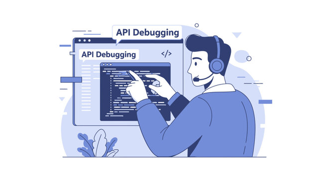 Programmer analyzing code for API debugging, troubleshooting software issues