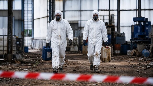 Two workers in protective suits carry containers in an industrial setting, highlighting safety protocols in hazardous environments.
