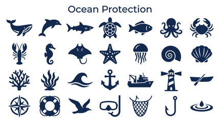 Ocean Protection Icons Set Featuring Marine Life and Maritime Symbols for Environmental Conservation and Sea Safety Concepts © Iconique Studio