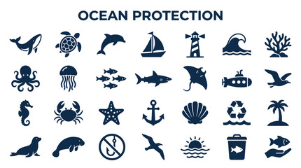 Ocean Protection Concept with Marine Life Icons and Symbols for Conservation and Ecology Awareness © Iconique Studio