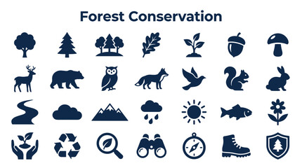 Forest Conservation Icons Set Nature Ecology Wildlife Animals Plants Symbols For Environmental Protection And Sustainability Concepts © Iconique Studio