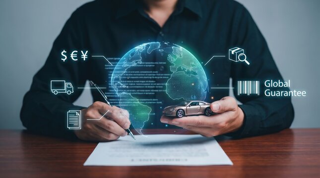 Global Automotive Logistics and International Trade Concept: Businessman Signing Contract with Holographic Globe and Shipping Data