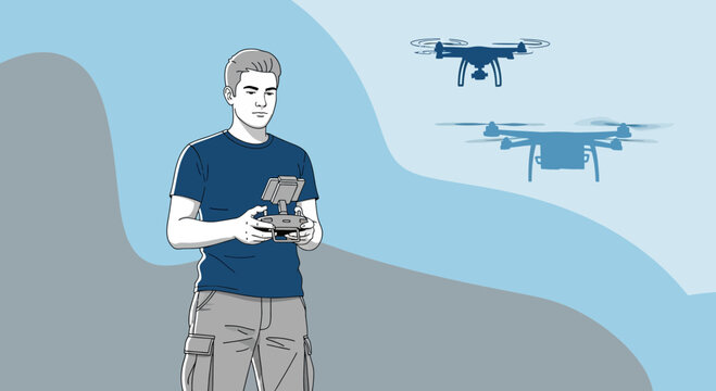 Man operating drone with remote control, two drones flying