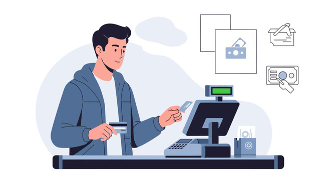 Man paying with credit card at checkout counter, retail concept vector illustration
