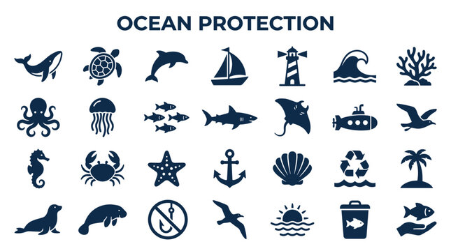 Ocean Protection Concept with Marine Life Icons and Symbols for Conservation and Ecology Awareness