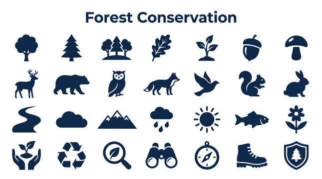 Forest Conservation Icons Set Nature Ecology Wildlife Animals Plants Symbols For Environmental Protection And Sustainability Concepts