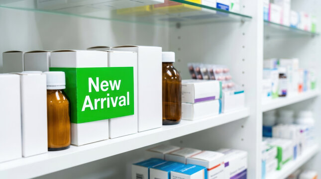 New arrival medicine on pharmacy shelf fda drug approvals highlight new product launch with clinical packaging and clinical bottle