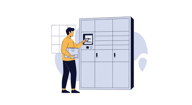 Man using automated parcel locker for package pickup and delivery