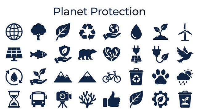 Planet Protection Icons Set Showing Global Environmental Conservation And Eco Friendly Concepts