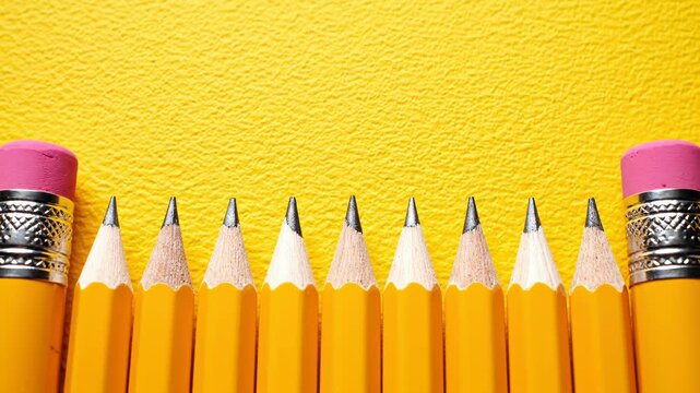 Horizontal close-up of sharpened yellow pencils with grey graphite tips and pink erasers positioned between them, set against a vibrant yellow textured paper background.