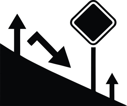 Diamond road sign upward arrows downward arrow incline decline slope in black white flat growth