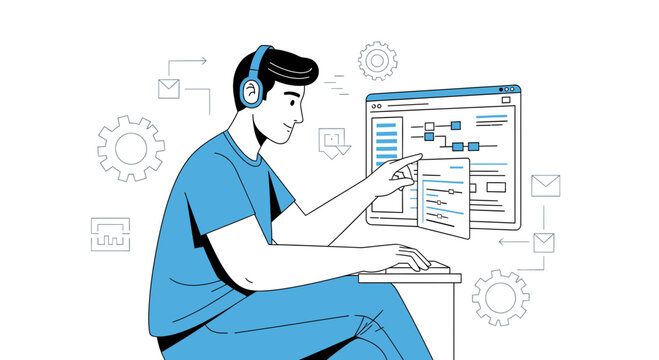 Man with Headphones Working on Computer, Coding Interface, Technology Concepts