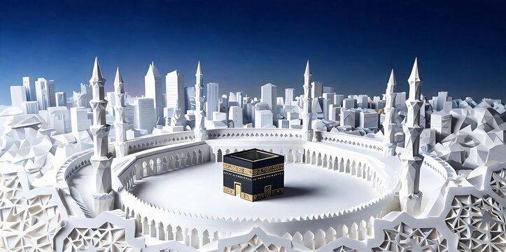 White model of Mecca cityscape with Kaaba.
