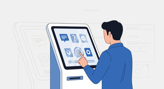 Person using interactive touchscreen kiosk for information and services