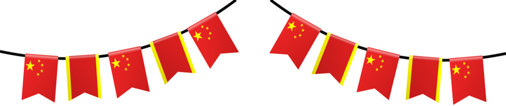Multiple red chinese national flag pennants hanging banners for festive party decorations. Suitable for celebrating holidays and cultural events.