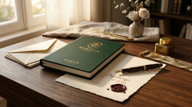 Luxury stationery composition with aurelia paris journal and fountain pen