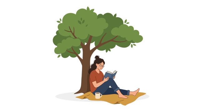 Young Woman Reading Book Under Lush Green Tree, Relaxing Outdoors on Blanket