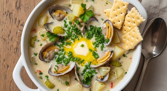Delicious clam chowder with crackers isolated on white background