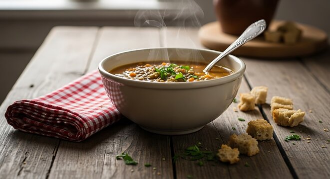 Delicious bowl of soup with bread and garnish isolated on white background