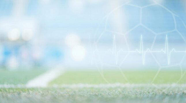 Sports medicine and athlete heart health concept with soccer ball and EKG heartbeat line overlay on blurred stadium background for medical fitness analysis