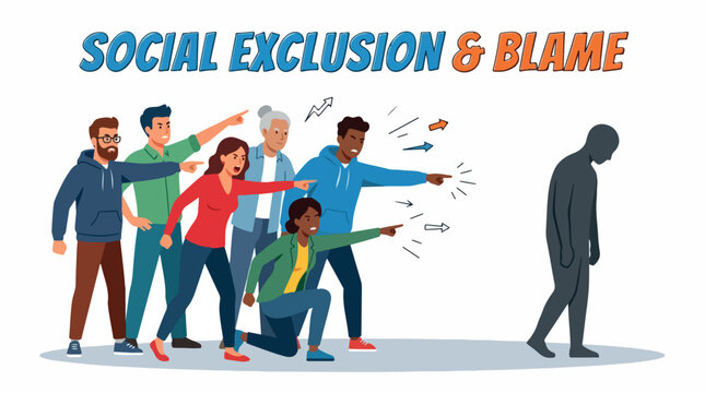 Social exclusion and blame concept vector, diverse group of people pointing fingers at a lonely shadow man, bullying and discrimination illustration