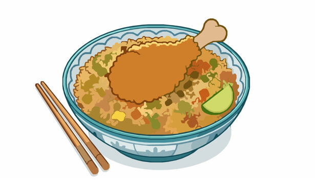Modern cartoon fried rice and chicken drumstick vector illustration Asian food bowl design