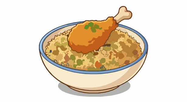 Cartoon fried rice bowl with chicken drumstick vector illustration food meal icon
