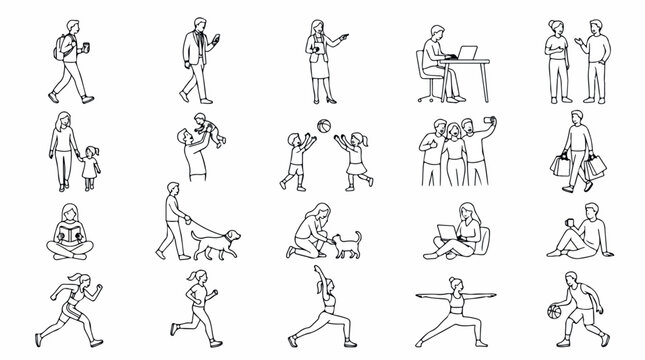 Minimalist line art people icons, set of 20 vector human figures in daily activities, black and white sketch characters for architectural rendering