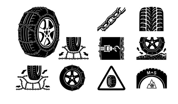 Modern snow chain vector icon set for winter tires automotive safety and traction control design