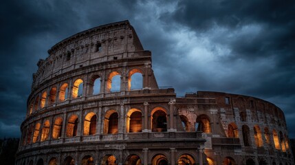 Naklejka premium ancient Roman colosseum illuminated at twilight, dramatic sky overhead, detailed historical architecture, cinematic travel photography, realistic