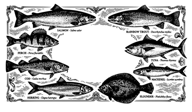 Hand drawn fish sketch vector collection engraved seafood frame tuna salmon cod illustration