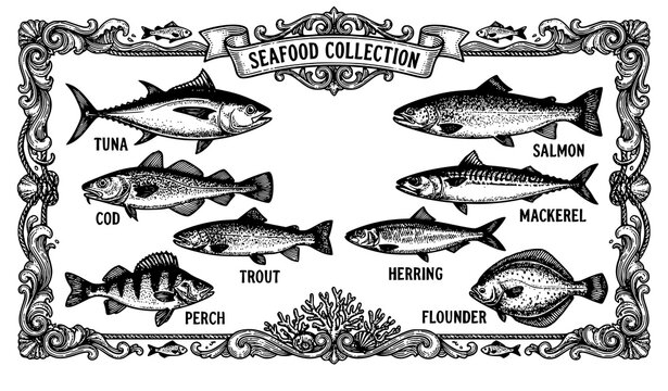 Trendy hand drawn fish sketch vector bundle engraved seafood frame illustration design set