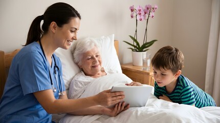 Obraz premium Nurse Showing Tablet to Elderly Patient and Child Caring Family Healthcare Scene