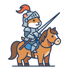 Fototapeta premium A cute orange cat wearing knight armor rides a brown horse with a sword on white background