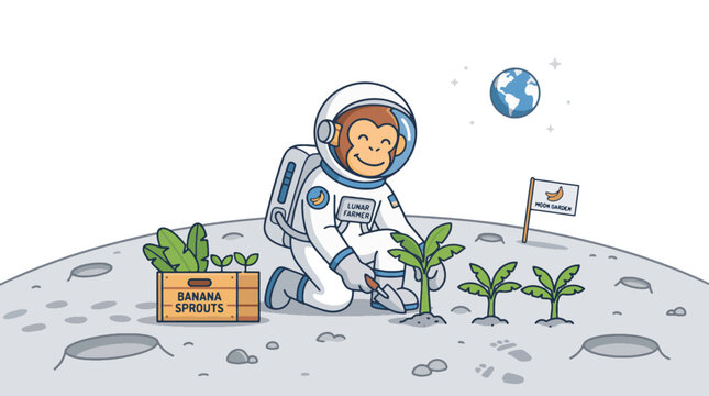 Monkey astronaut planting banana sprouts on the moon surface with a flag