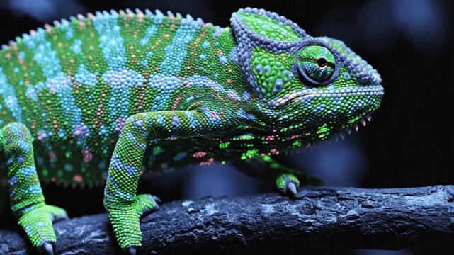 Vibrant chameleon resting on dark wooden branch in close up