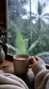 Cozy Rainy Day Coffee by Window With Tropical View