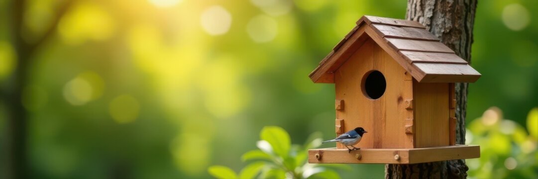 Charming wooden birdhouse with integrated camera, trees, stealth