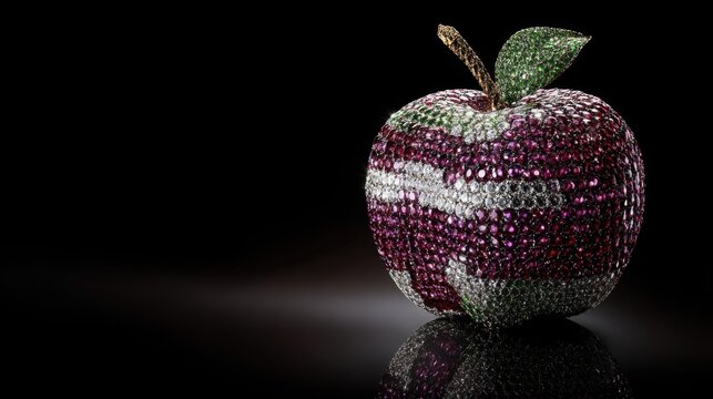 Half sliced apple made entirely of sparkling rubies emeralds and diamonds, ultra luxury presentation on elegant dark reflective surface, dramatic