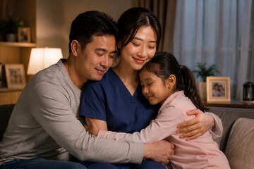 Fototapeta premium Asian doctor embracing family at home after work, warm emotional healthcare lifestyle scene showing comfort, relief and post-shift recovery.